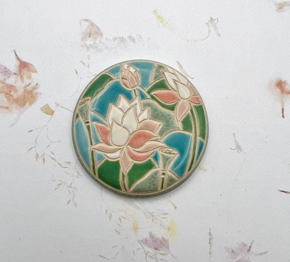 Cabochon, Lotus Flowers, Large Round Pendant, Lotus with Pods and Various Shades of Green to Turquoise Foliage, Golem Design Studio