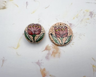 Tulips on Pink by Damyanah Studio, Lentil Shaped Beads, Small Round Pendants, Hand Crafted Artisan Beads, Stoneware Beads and Pendants