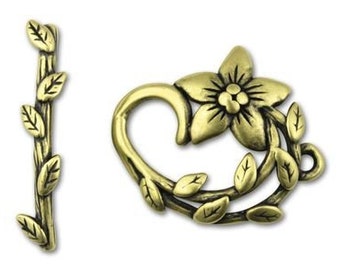 Leaf And Floral Toggle Set, JBB Findings, Antique Brass Toggle Leaf And End Cap Set, Flower Loop 23mm, Leaf Toggle Bar 31mm