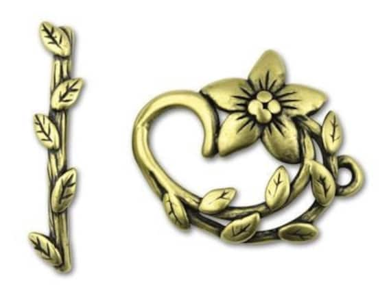 Leaf And Floral Toggle Set, JBB Findings, Antique Brass Toggle Leaf And End Cap Set, Flower Loop 23mm, Leaf Toggle Bar 31mm