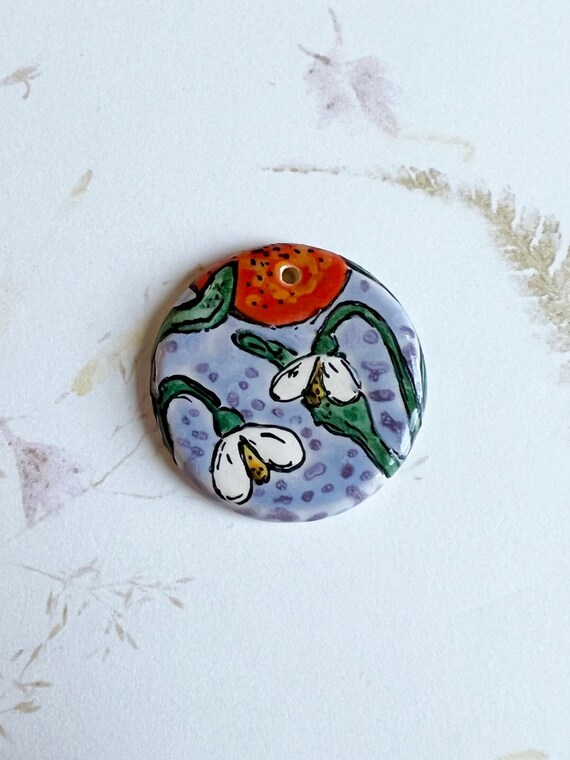 Spring Snowdrops by Damyanah Studio, Small Pendant, Hand Painted and Hand Glazed Stoneware Pendant