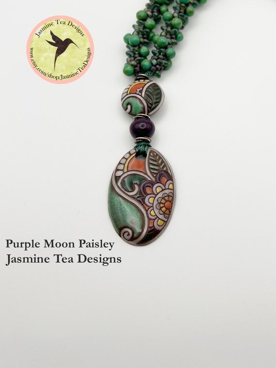 Paisley Beaded Kumihimo Necklace, Gorgeous Greens and Purples in Paisley Swirls on Terracotta, Czech Glass Beads and Japanese Seed Beads