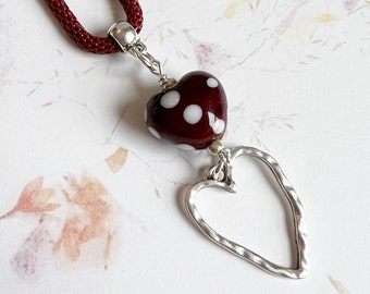 Polka Dot Heart Pendant with Heart Dangle on Red Mesh Chain, Choose Your Length From 16 to 24 Inches, Clasp Will Have a 2 Inch Extender
