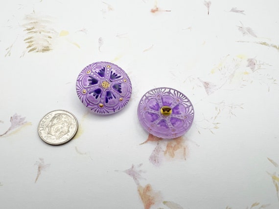 Wheel, 27mm Round Button, Lilac And Antique Gold with Hand Painted Purple Details, Wheel Design Button, Shank Button, Czech Glass Button