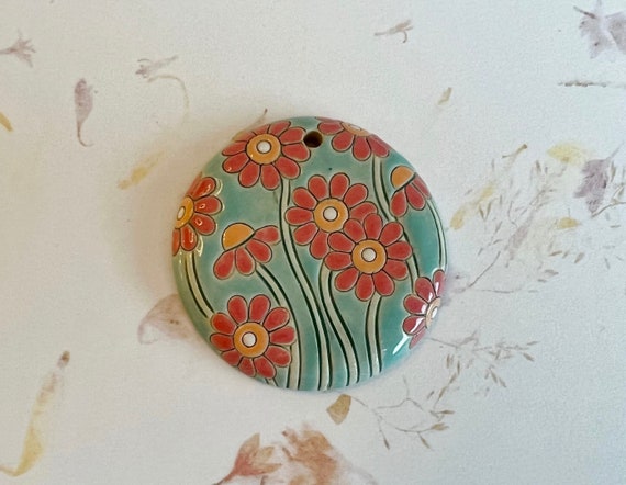 Daisies Pendant, High Fired Stoneware Pendant by Golem Design Studio