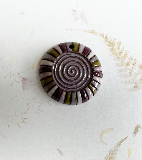 Purple Rainbow Spiral Pendant, Purple Spiral Pattern on Terracotta, Artisan Focal Beads, Handcrafted Terracotta Pendants