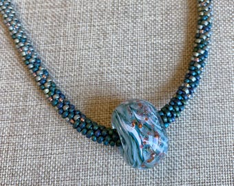 Mystic Waters, Beaded Kumihimo Necklace Featuring Artisan Lampwork Focal Bead and Antique Copper Magnetic Clasp and Coordinating End Caps