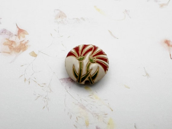 Red Carnations Lentil Bead, Round Lentil Ceramic Pendant Bead, Golem Design Studio Beads