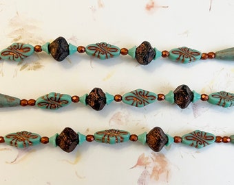 Turquoise Czech Glass Mix, 7 Inch Strand of Assorted Table Cut Czech Glass Beads in Turquoise and Copper Tones