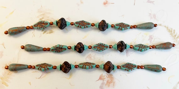 Turquoise Czech Glass Mix, 7 Inch Strand of Assorted Table Cut Czech Glass Beads in Turquoise and Copper Tones