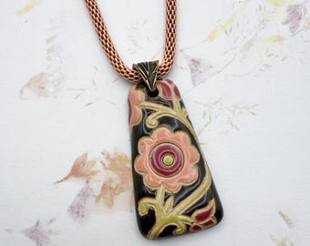 Artisan Pendant Necklace, Vintage Lace Design on Stoneware, Trapezoid Pendant Necklace With Enameled Mesh Chain, 24 to 26 Inch Necklace