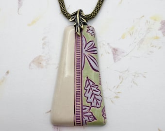 Leaf and Breeze Necklace Trapezoid Pendant Necklace, 52mm Long x 28mm Wide, Hand Carved, Stamped and Glazed Mixed Technique Pendant Necklace