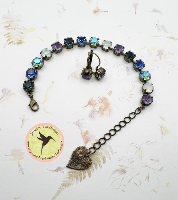 Night Garden Crystal Bracelet, Crystals in a Mix of Night Blooming Plant Colors , Adjustable Length, Includes Free Earrings with Bracelet
