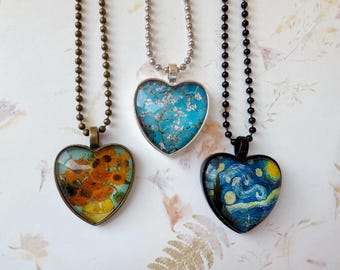 Vincent van Gogh Collection, Sunflowers, Almond Blossoms or The Starry Night, Mixed Media Pendants on Ball Chain, Bronze, Silver or Black