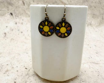 Colorful Bohemian Enamel Earrings, Enamel on an Ancient Design, Drop Earrings, Dangle Earrings, Antique Brass, Hook Ear Wire