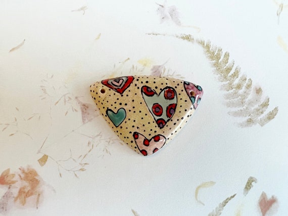 Funky Little Hearts Pendant, Sheild Shaped Stoneware Pendant, Hand Crafted Artisan Beads, by Damyanah Studio