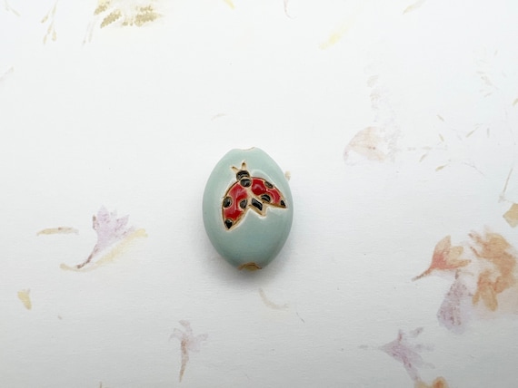 NEW!  Ladybug, Almond Shaped Beads, Light Blue Glaze on Stoneware, Golem Design Studio, Medium Almond Shaped Beads