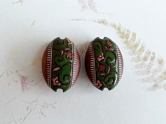 New! Set of Two, Flowers and Tulips on Terracotta, Two Sided Design, Almond Shaped Bead, Carved and Glazed Pendant Beads, Mixed Technique
