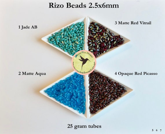 Rizo Beads, 2.5x6mm Rizo Beads, 25 Grams, Choose From Jade AB, Matte Aqua, Matte Red Vitrail or Opaque Red Picasso