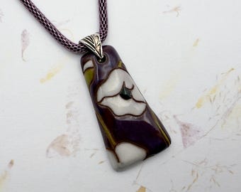 Poppies on Terracotta Pendant Necklace With Enameled Mesh Chain, Trapezoid Poppy Pendant, 18 to 20 Inch Necklace
