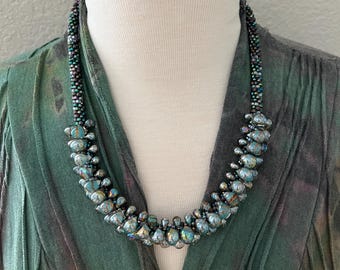 Beaded Kumihimo Statement Necklace, Measures 22 Inches And Finishes with an Antique Bronze Magnetic Clasp and Coordinating End Caps