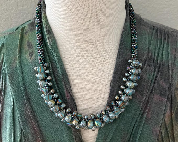 Featured listing image: Beaded Kumihimo Statement Necklace, Measures 22 Inches And Finishes with an Antique Bronze Magnetic Clasp and Coordinating End Caps