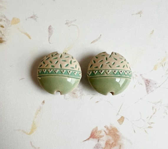 NEW! Set of Two, Medium Lentil Shaped Beads, Hand Stamped and Glazed Stoneware Beads, Hand Crafted Artisan Stoneware Beads