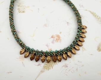 Golden Leaves, Beaded Kumihimo Necklace
