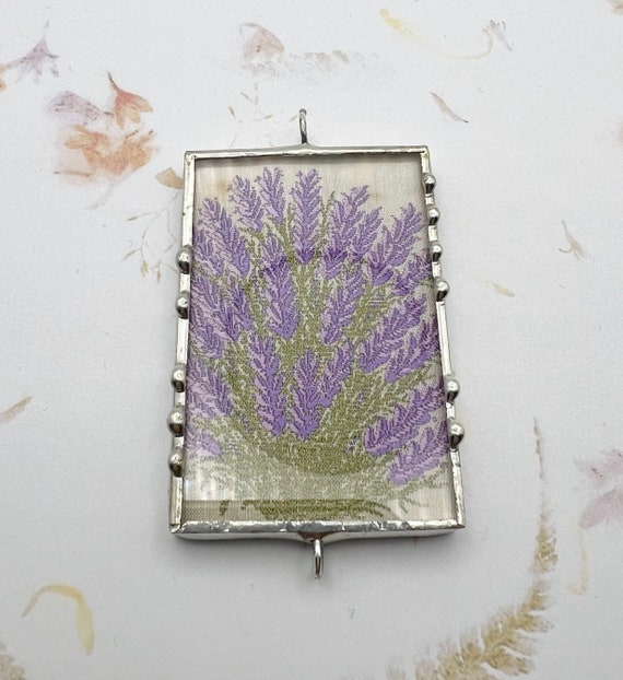 Kenistas Lavender, Silk Flower Mixed Media Pendant, Two Sided Design Using the Embroidered Silk Flower and the Descriptive Back Panel