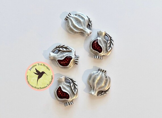 Pewter And Enamel Pomegranate Beads, Set of Three, 25mm Enameled Pomegranate Beads