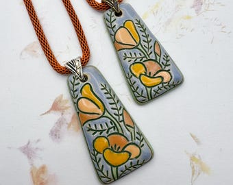 California Poppy Stoneware Pendant Necklace With Enameled Mesh Chain, High-Fired Stoneware Pendant, 23 to 26 Inch Necklace