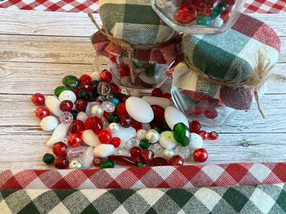 Holiday Jam Jar Bead Assortment, 68 Grams of Czech Glass Red, Green and White Beads, Great For Making Ornaments, Stocking Stuffers