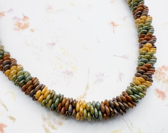 Five Color Luster Beaded Kumihimo Necklace, Czech Glass Lentil Beads Braided into a Necklace, 23 Inch  Necklace, Antique Copper Finishings