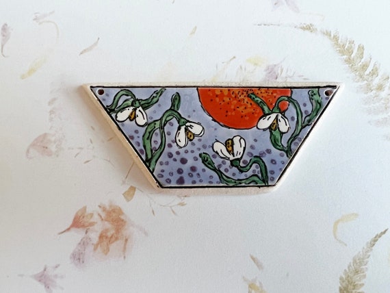 Spring Snowdrops by Damyanah Studio, Stoneware Trapezoid Pendant, Hand Crafted in Bulgaria