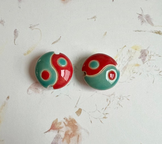 Teal And Red, Yin And Yang, Ceramic Lentil Bead, Small Hand Carved Lentil Bead, Golem Design Studio Beads