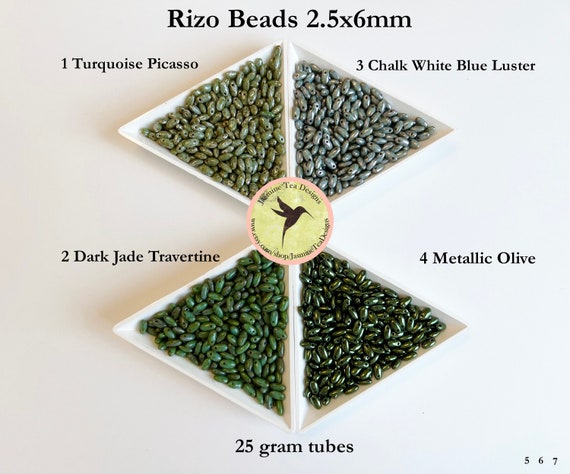 Rizo Beads, 2.5x6mm Rizo Beads, 25 Grams, Choose From Turquoise Picasso, Dark Jade Travertine, Chalk White Blue Luster or Metallic Olive