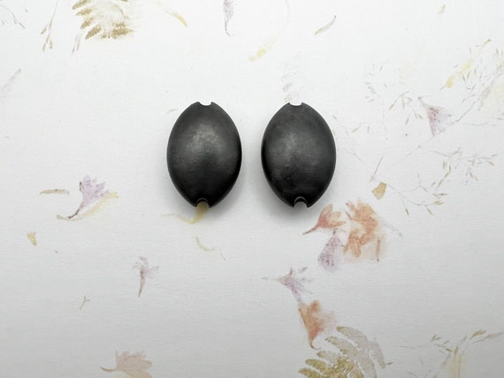 New! Set of Two, Matte Metallic Black on Terracotta, Almond Shaped Bead, Matte Glazed Pendant Beads