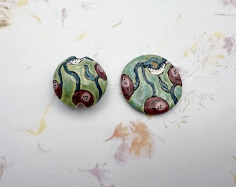 Cherries on Green by Damyanah Studio, Lentil Shaped Bead, Small Round Pendant, Hand Crafted Artisan Beads, Stoneware Pendants and Lentils