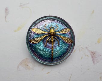 31mm Dragonfly Button, Light Vitral with Handpainted Gold Dragonfly, Shank Button