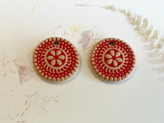 Stoneware Beads Decorated with Hand Crafted Medallion Stamp with Pigment Rubbed into the Surface, Set of Two Beads, Glazed Reverse Side