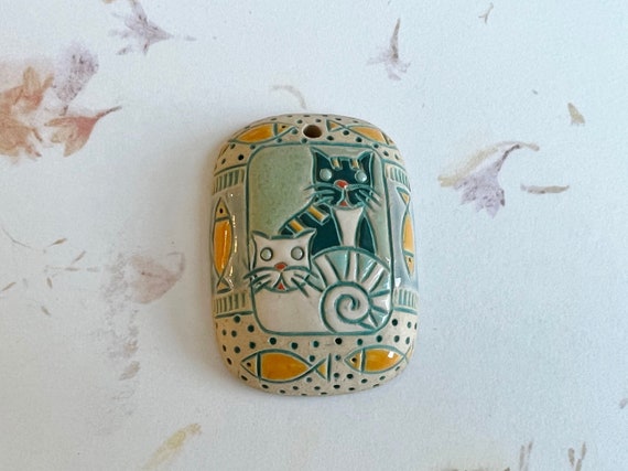 Family Cats with Fish, Rectangular Pendant, Hand Carved Stoneware Pendant, Golem Design Studio