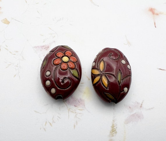 Vintage Flowers, Wine Glazed Almond Shaped Terracotta Beads, Two Design Sides, Hand Glazed, Hand Carved, Pendant Beads, Golem Design Studio