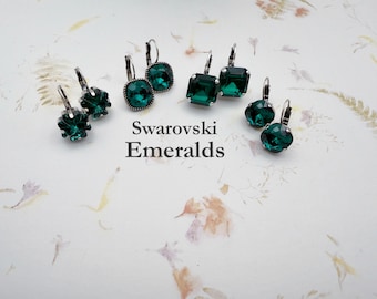 European Crystal Earrings, A Variety of Fancy Cut Emerald Crystal Stone, European Crystals, Antique Silver, Drop Earrings, Lever Back