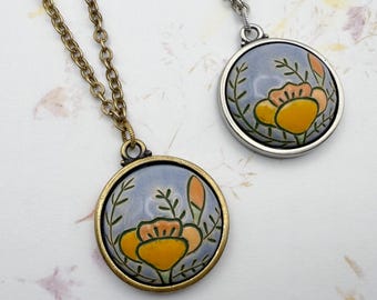California Poppy Stoneware Pendant Necklace, Beautiful Chain and Findings Made in the USA, Two Sided Poppy Design, 24 Inch Necklace