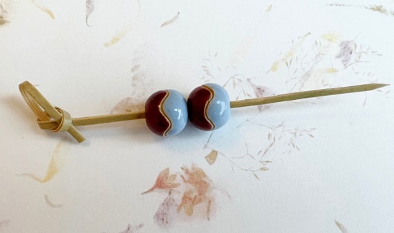 Set of Two Blue And Wine Glazed Stoneware Wave Design Beads, Round Hand Carved Beads, Large Hole Beads, Spacer Beads