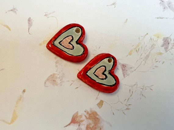 Pairs of Whimsically Decorated Hearts, Hand Crafted Stoneware Hearts by Damyanah Studio, Decorated and Glazed by Hand