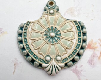 Baroque Flower in Aqua, Stoneware Pendant Bead, Artisan Stoneware Pendant Beads, Large Glazed Stoneware Pendant
