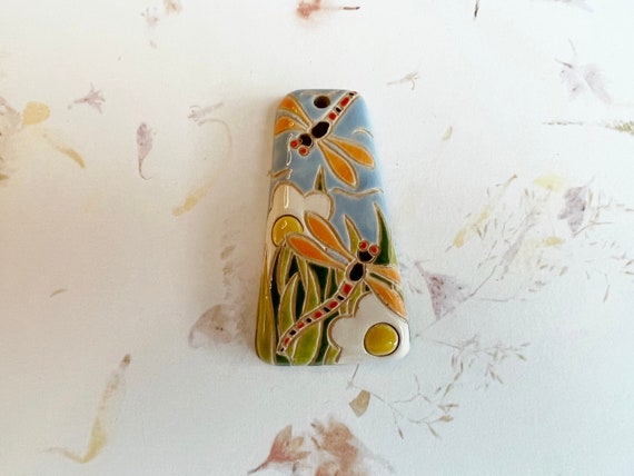 NEW!  Dragonflies on Stoneware Pendant, 52mm Long x 28mm Wide, Hand Carved, Stamped and Glazed