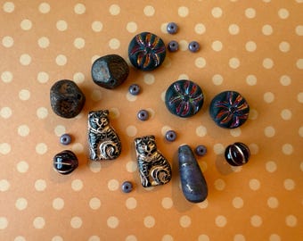 Czech Glass Bead Strand: Cats, Metallic Spiders, Autumn Tones