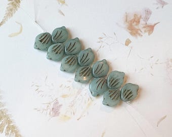 Carolina Blue Peony Czech Glass Beads with Gold Wash (9x12mm)